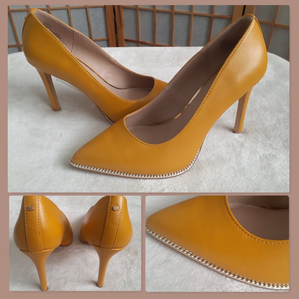 BCBGeneration Mustard Yellow Pointed Toe High Heels with Metallic Trim